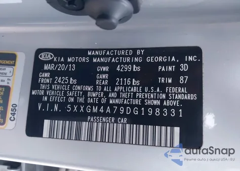 2013 Kia Optima Lx from USA, damaged, VIN 5XXGM4A79DG198331